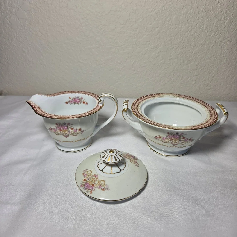 Noritake Vintage Floral Sugar Bowl and Creamer Set Gold Trim Made in Japan